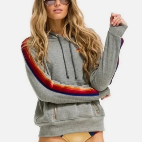 Aviator Nation Other - Rare Aviator Nation Gray Pullover Hoodie with Velvet Stripes and Zipper Pouch